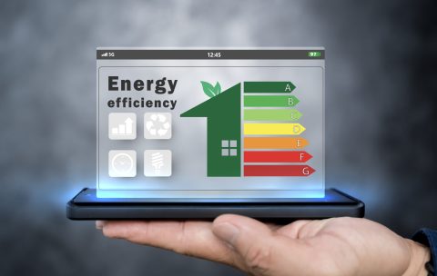 Energy efficiency concept. Person holding energy efficiency rati